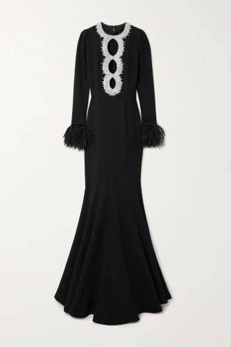Cutout crystal-embellished feather-trimmed crepe gown
